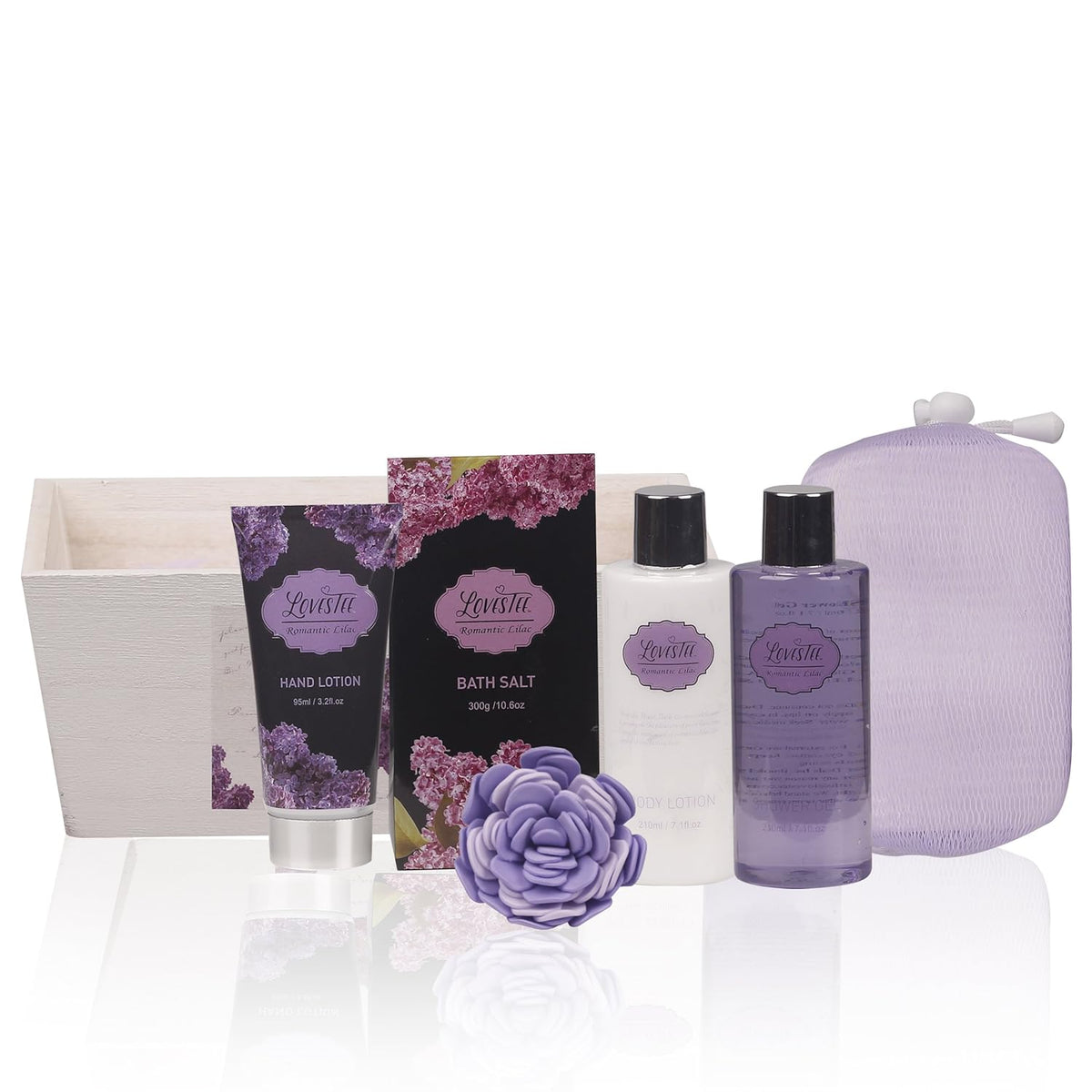 Lavender Bath and Body Set with Shower Gel, Body Lotion, Hand Lotion, Bath Salt, Flower Sponge and EVA Sponge T3307