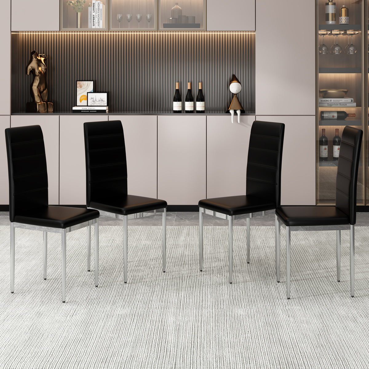Black PVC Upholstered Dining Chairs Set of 4 with Metal Legs I372083