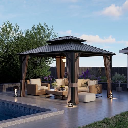 10'x12' Hardtop Gazebo with Privacy Curtains and Netting B925