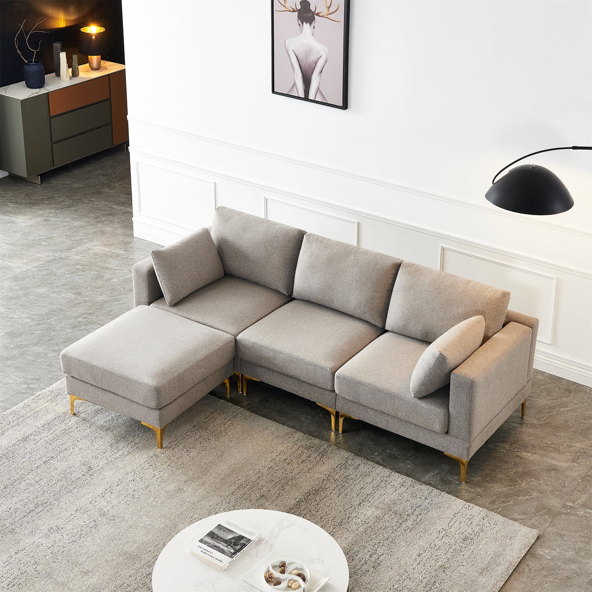 3-seater L Shape Fabric Sectional Sofa with Ottoman Grey R9526