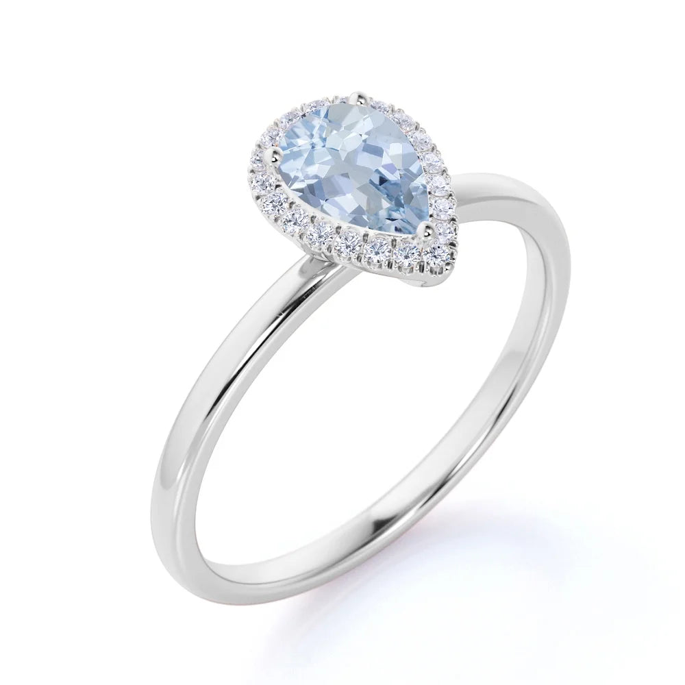 1 Carat Pear Shaped Created Aquamarine Halo Wedding Ring in 18k White Gold over Silver W90811