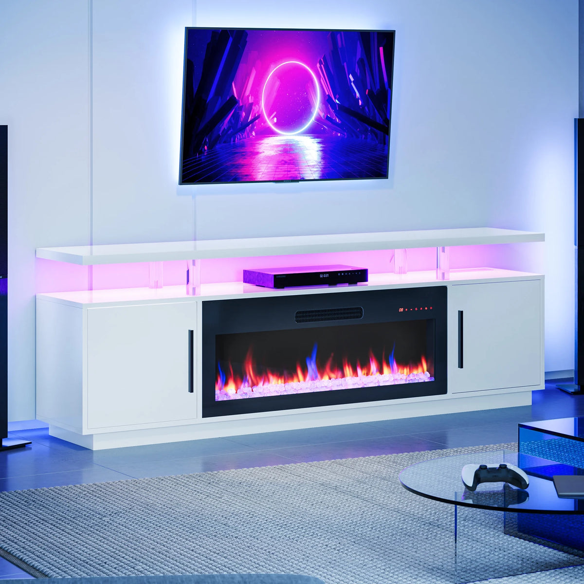 White TV Stand with Electric Fireplace and Storage Cabinet V104158