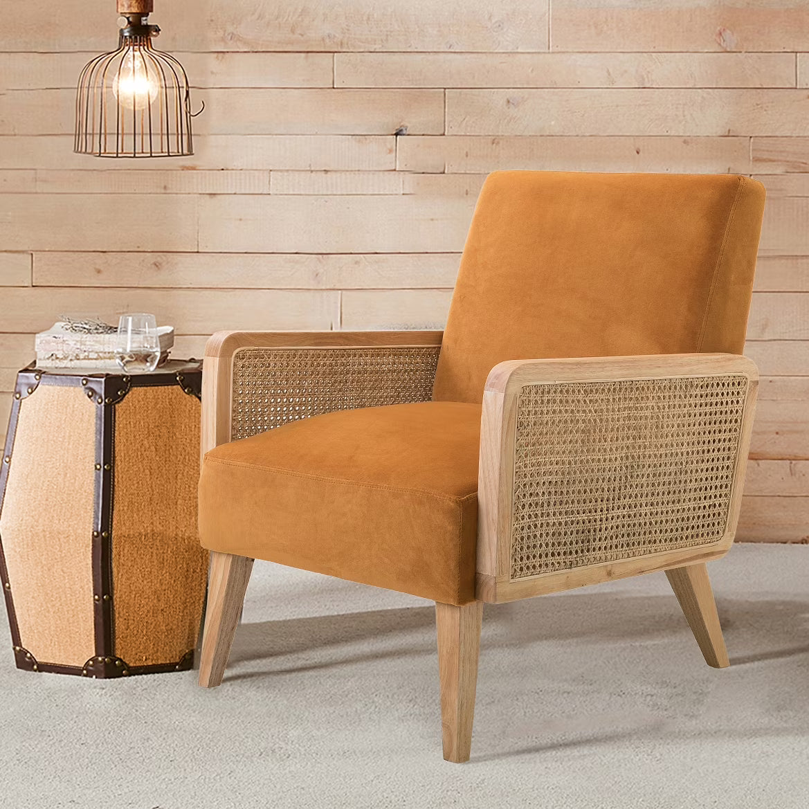 Yellow Fabric Upholstered Accent Chair with Rattan Armrests T286710