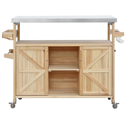 White Farmhouse Kitchen Island with Power Outlet, Drop Leaf, Spice Rack, Drawer, Rolling Cart on Wheels E418142