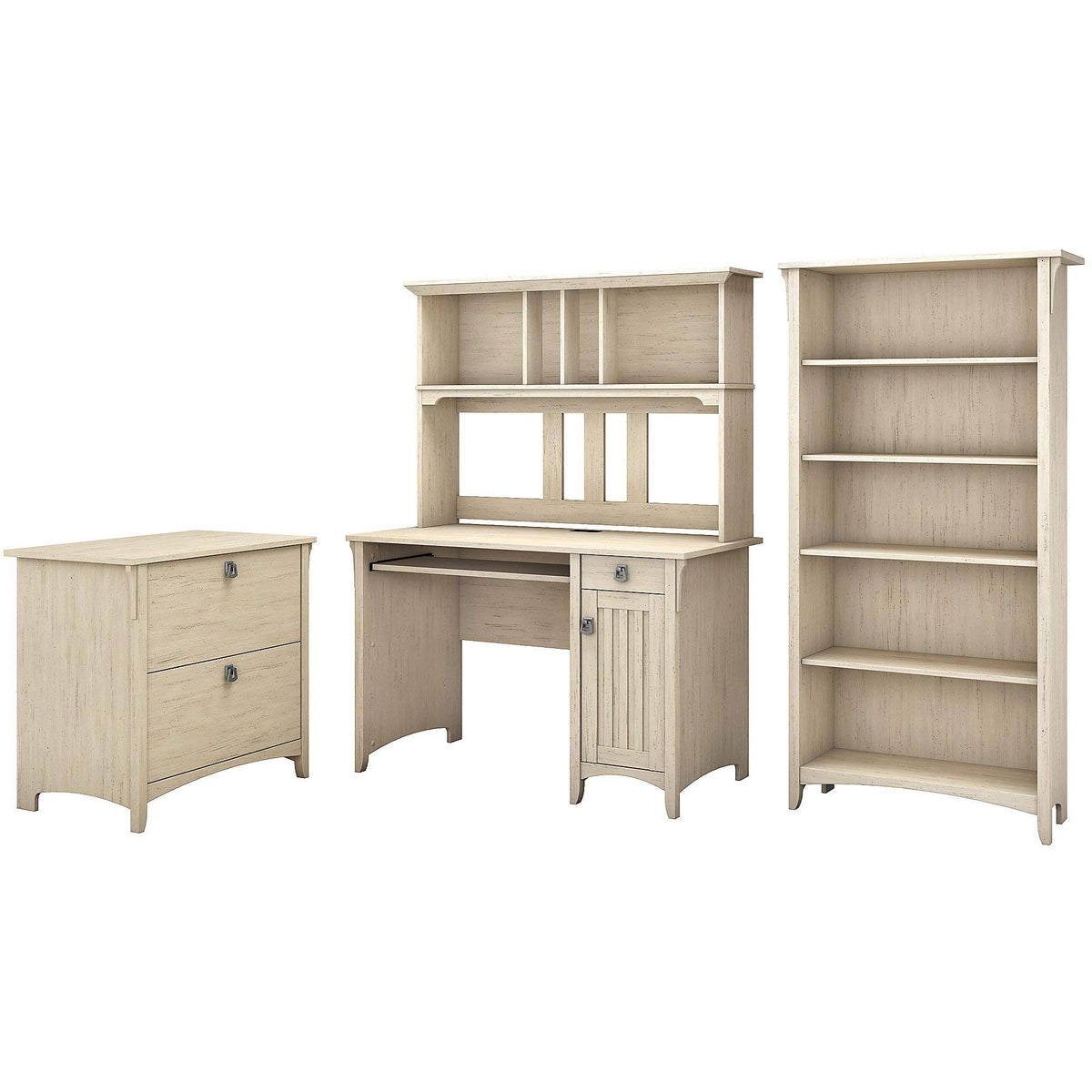 Antique White Desk with Hutch Lateral File Cabinet and 5 Shelf Bookcase S13695