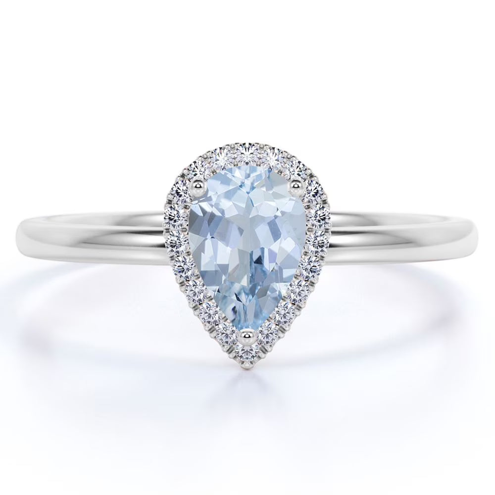 1 Carat Pear Shaped Created Aquamarine Halo Wedding Ring in 18k White Gold over Silver W90811