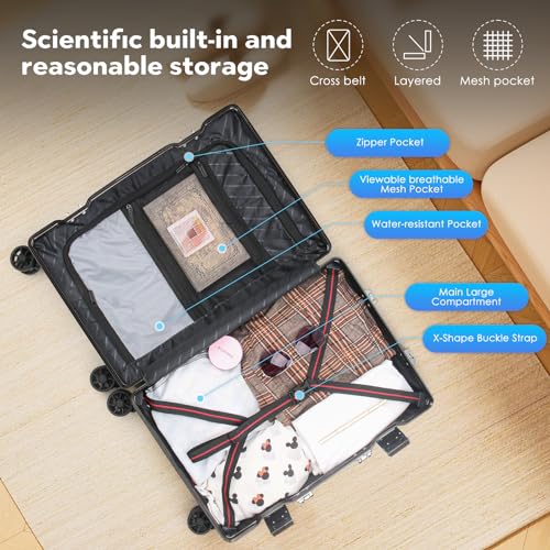 Black 20 Inch Lightweight Aluminum Frame Carry On Luggage P8608