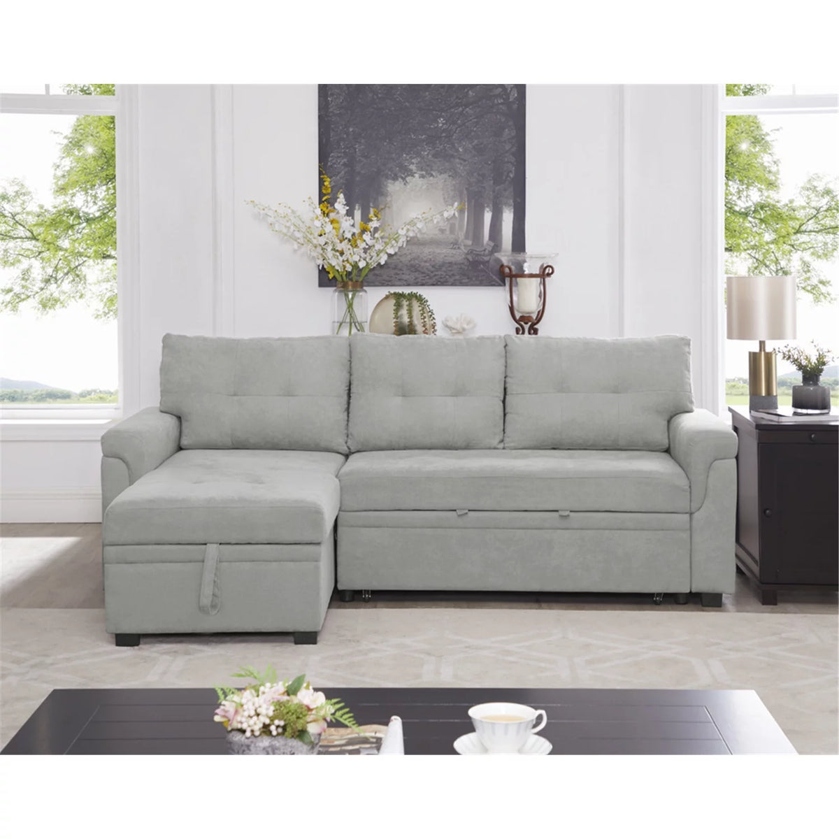 Reversible Velvet Sleeper Sectional Sofa with Storage Chaise P822