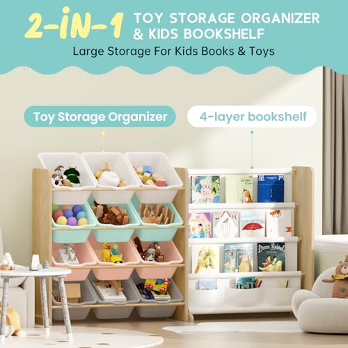 White 12 Bin Toy Storage Organizer with Bookshelf G82412
