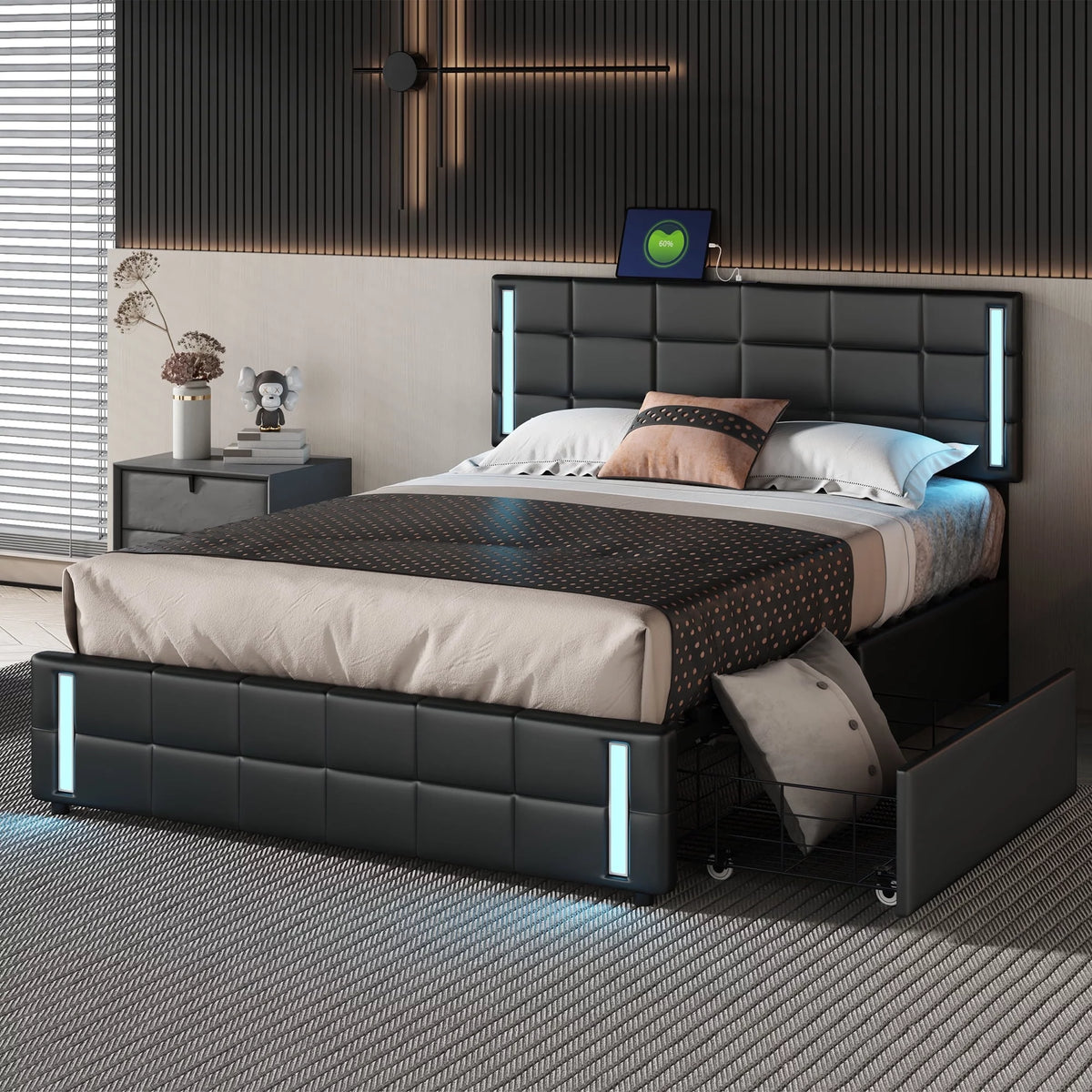 Queen Size Upholstered Platform Bed with LED Lights and USB Charging, 4 Drawers, Black Q64631