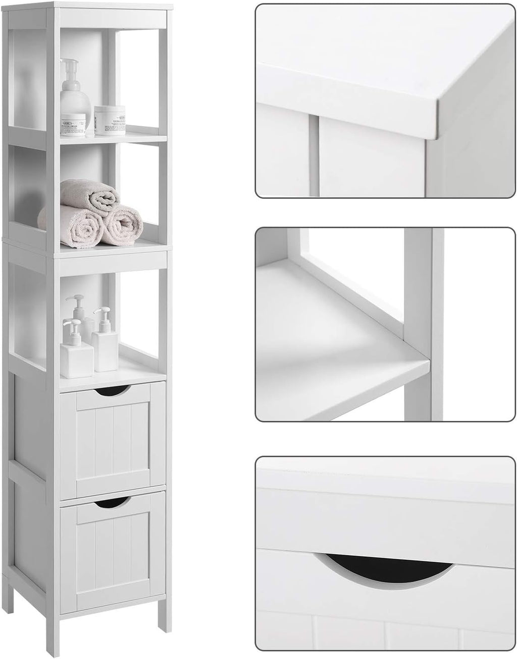 White Tall Cabinet with 2 Drawers and 3 Open Shelves P635922
