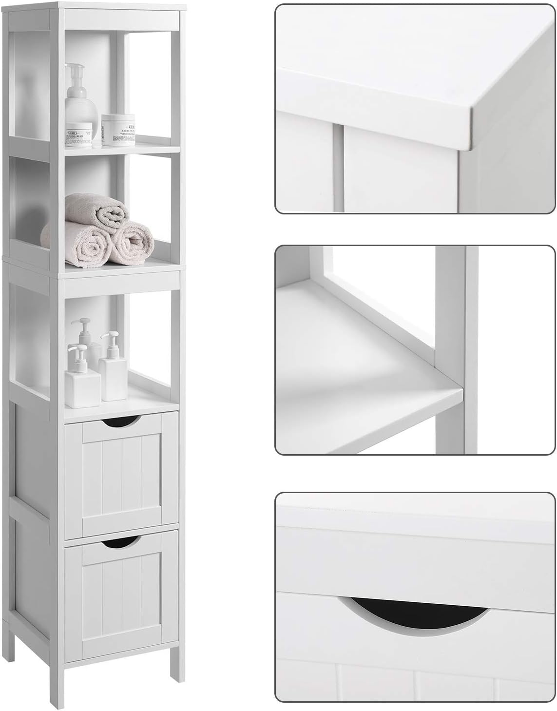 White Tall Cabinet with 2 Drawers and 3 Open Shelves P635922