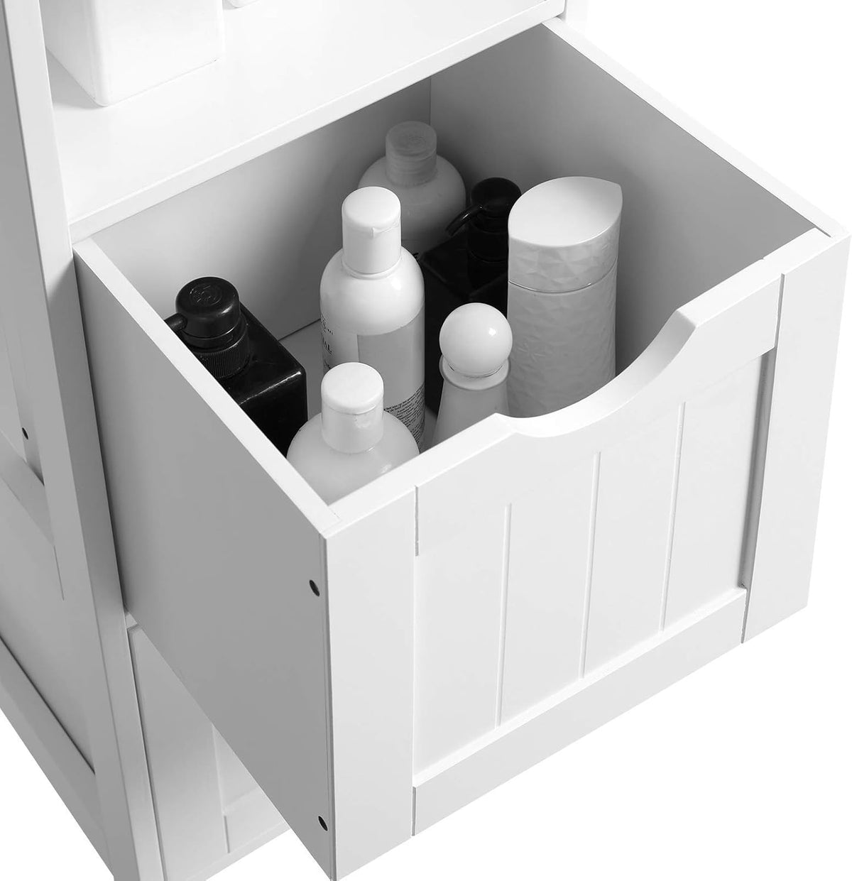 White Tall Cabinet with 2 Drawers and 3 Open Shelves P635922