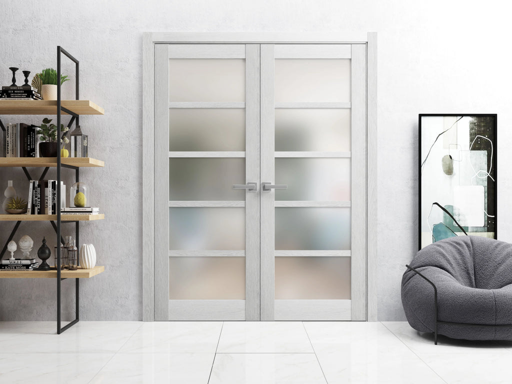 Solid French Double Doors 36 x 80 inches Light Grey Oak with Frosted Glass Wood Solid Panel Frame Trims D763