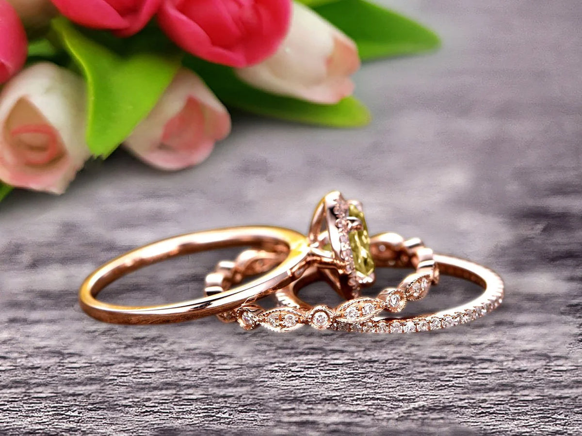 10k Rose Gold Art Deco 2.25 Carat 6mm Round Cut Champagne Diamond Moissanite Wedding Ring Set Matching Band G55817