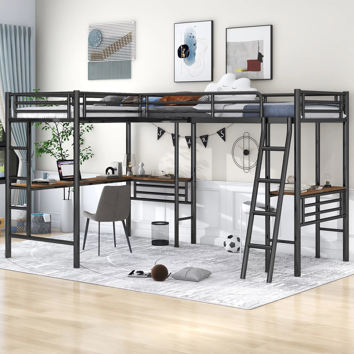 Twin Metal Loft Bed with Desk and Ladders O445298