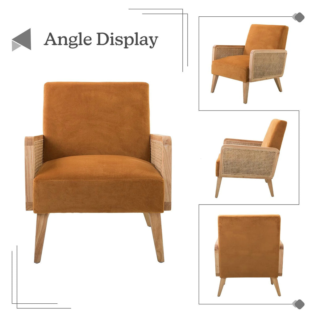 Yellow Fabric Upholstered Accent Chair with Rattan Armrests T286710