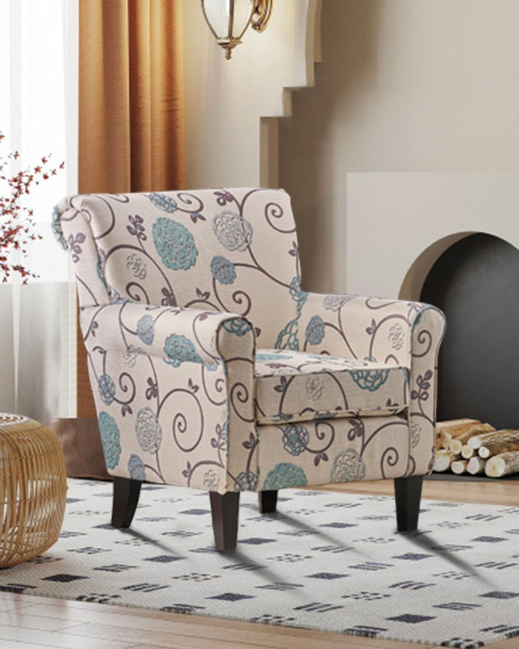 White/Blue Crushed Floral Fabric Sofa with Wooden Metal Legs J420405