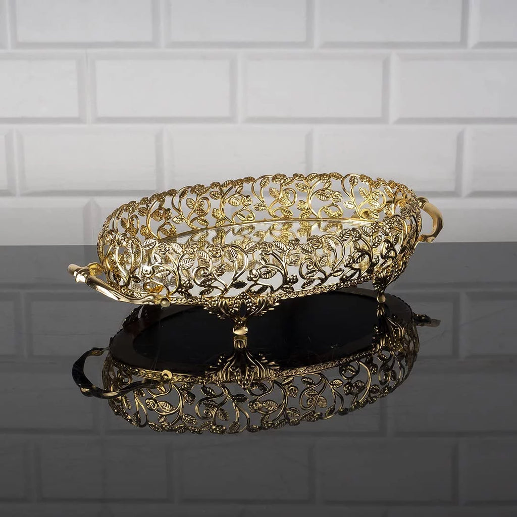 Metal Handmade Filigree Mirrored Tray, 17.3" x 10.2", Gold D92197