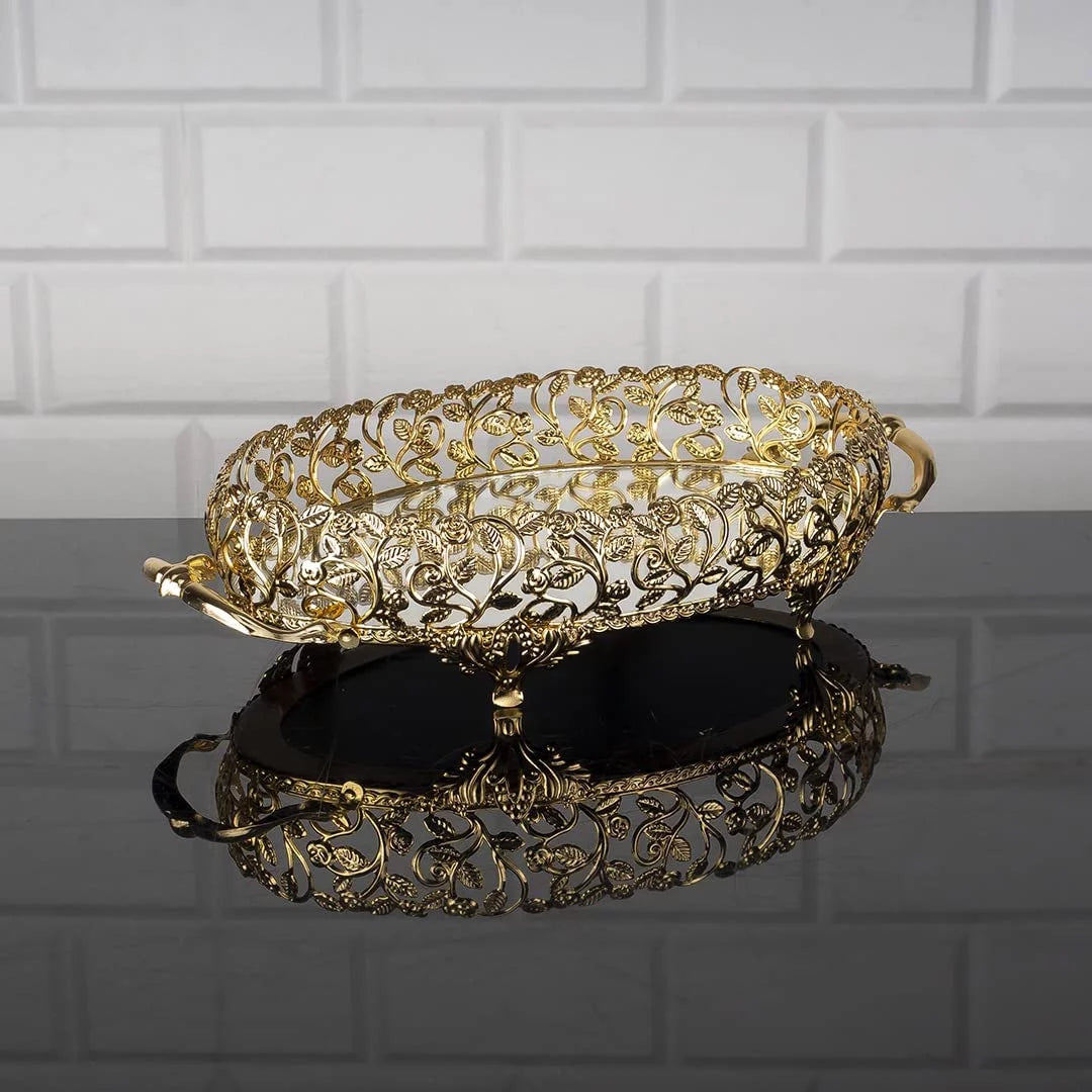 Metal Handmade Filigree Mirrored Tray, 17.3" x 10.2", Gold D92197