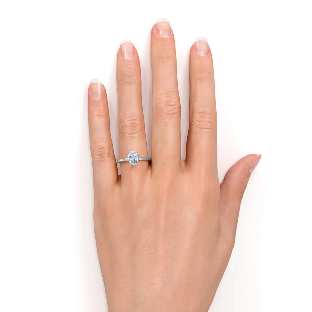 1 Carat Pear Shaped Created Aquamarine Halo Wedding Ring in 18k White Gold over Silver W90811