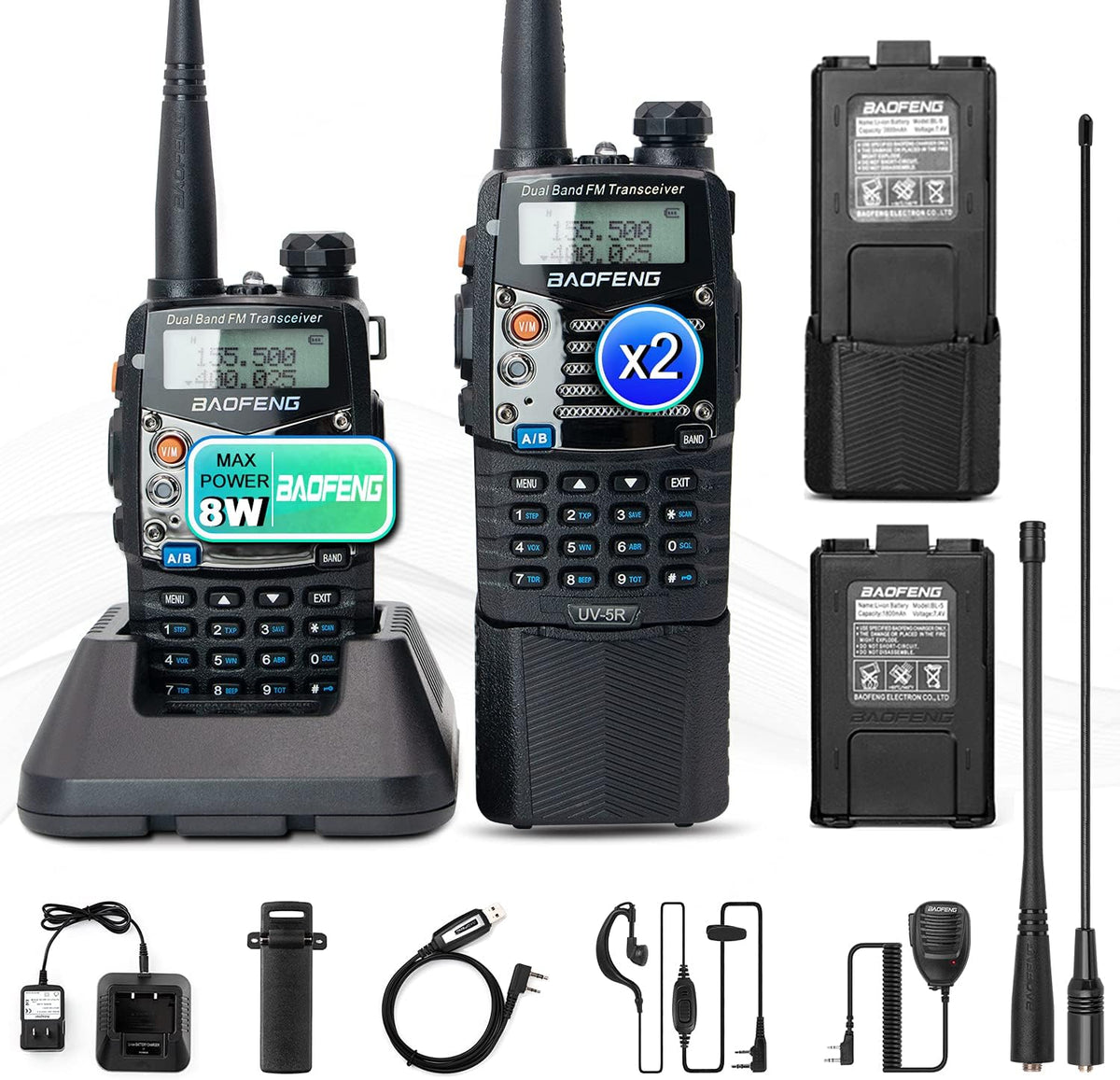 UV-5R Pro Dual Band Handheld Ham Radio 2-Way Radio with Extra 3800mAh Battery and Earpiece (2 Pack) G6953