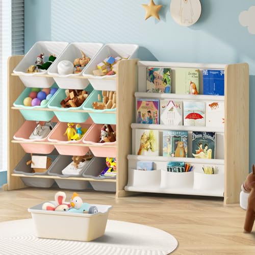 White 12 Bin Toy Storage Organizer with Bookshelf G82412