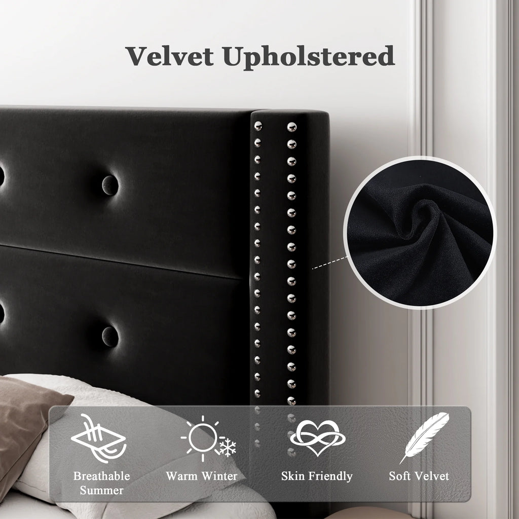 Queen Black Velvet Upholstered Platform Bed Frame with Tufting Headboard G39228