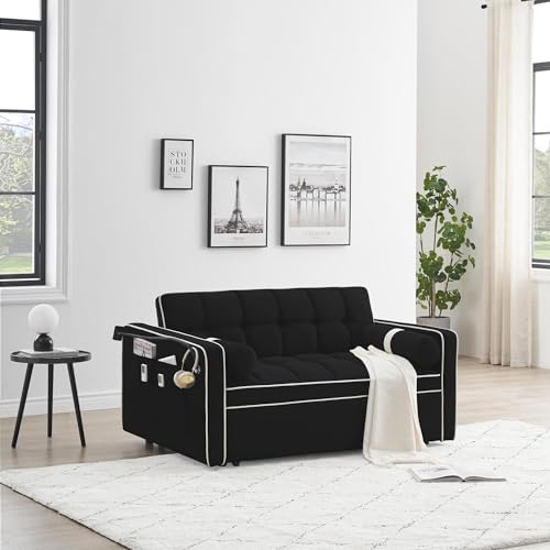 Beige Convertible Couch with Pullout Bed Sleeper Sofa L332