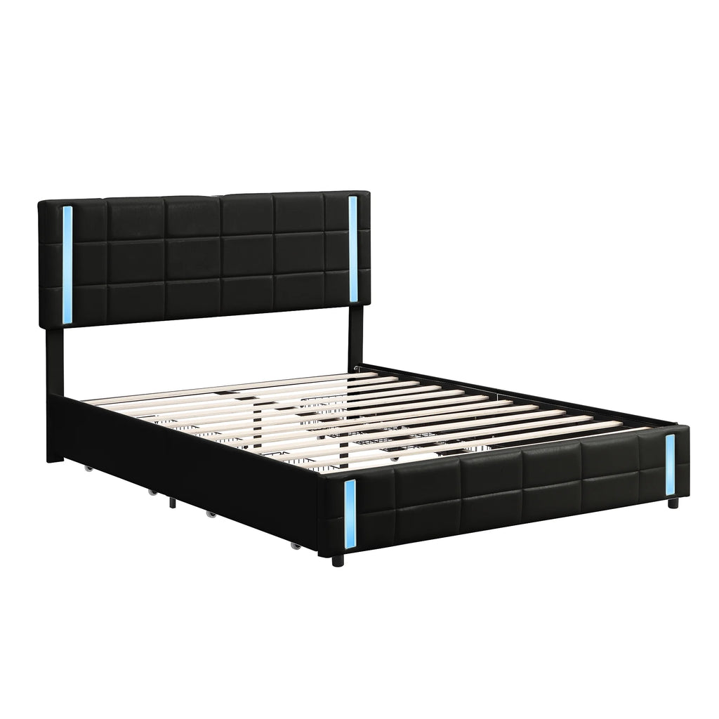 Queen Size Upholstered Platform Bed with LED Lights and USB Charging, 4 Drawers, Black Q64631