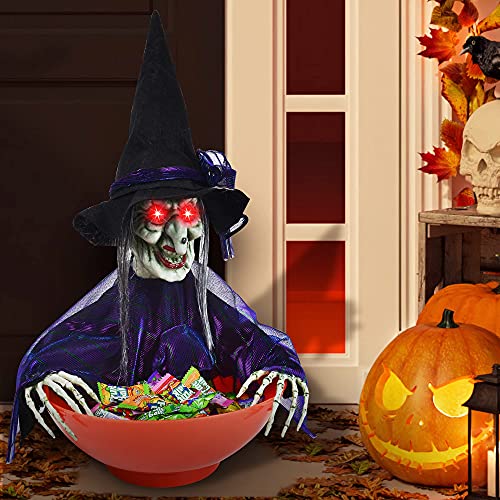 Halloween Candy Bowl Witch Decorations Animated LED Lights Sound Activated O915