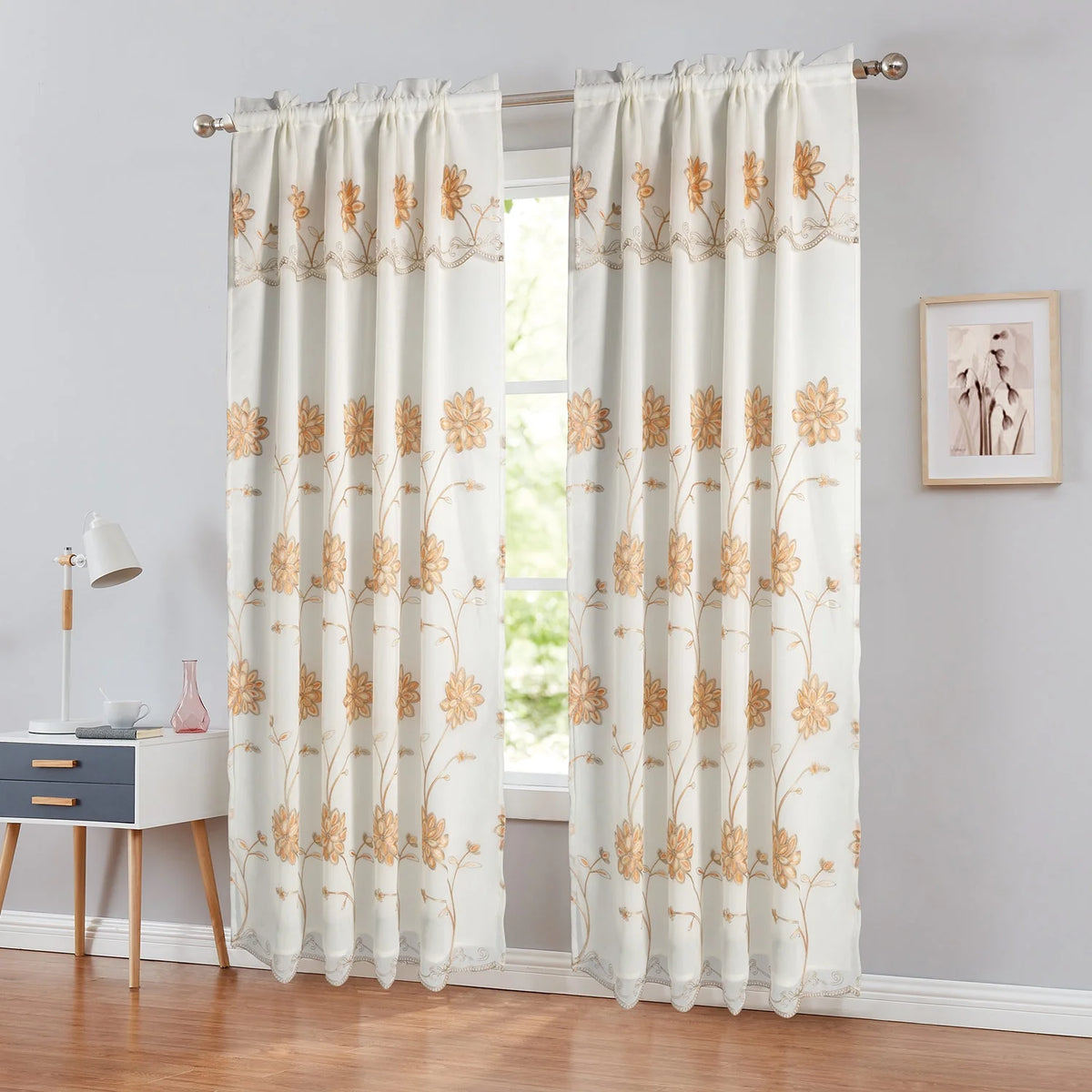 Floral Embroidered Rod Pocket Panel with Attached Valance 54x90 Inches Orange V8074