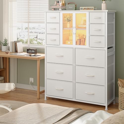 Black 12 Fabric Drawer Tall Dresser with Charging Station C164396
