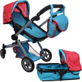 Red and Blue Deluxe Doll Pram with Swiveling Wheels and Adjustable Handle J426