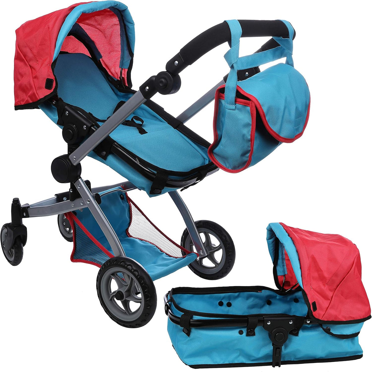 Red and Blue Deluxe Doll Pram with Swiveling Wheels and Adjustable Handle J426