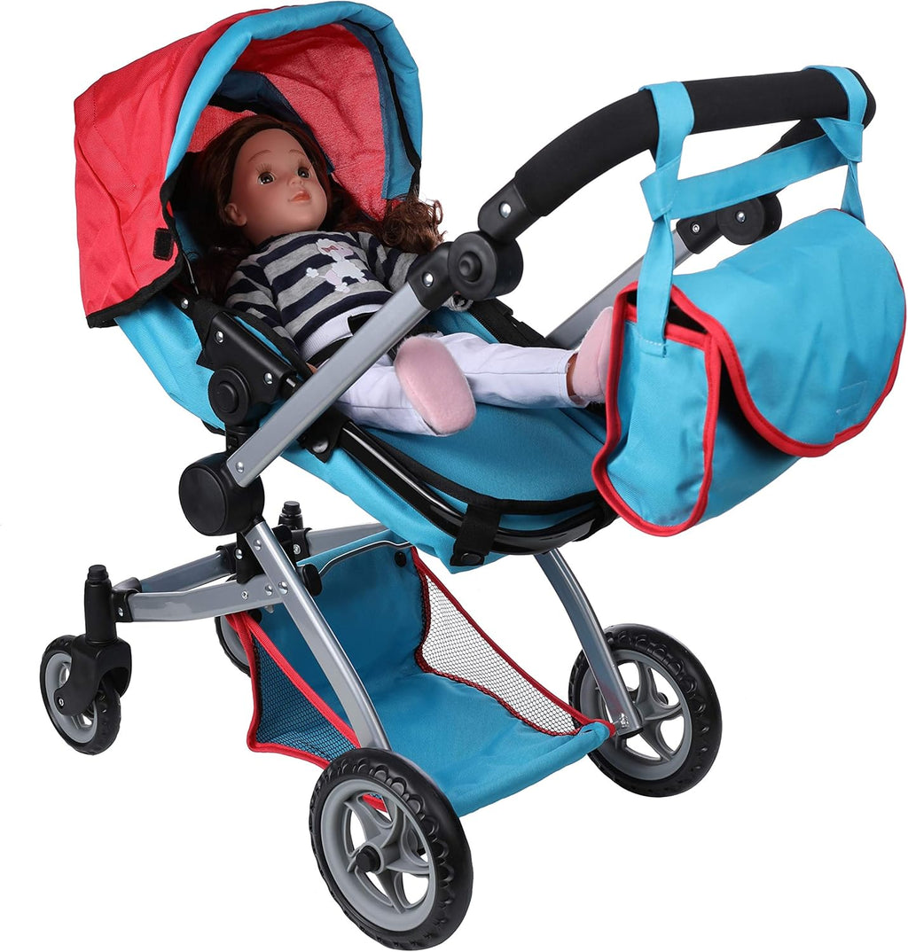 Red and Blue Deluxe Doll Pram with Swiveling Wheels and Adjustable Handle J426