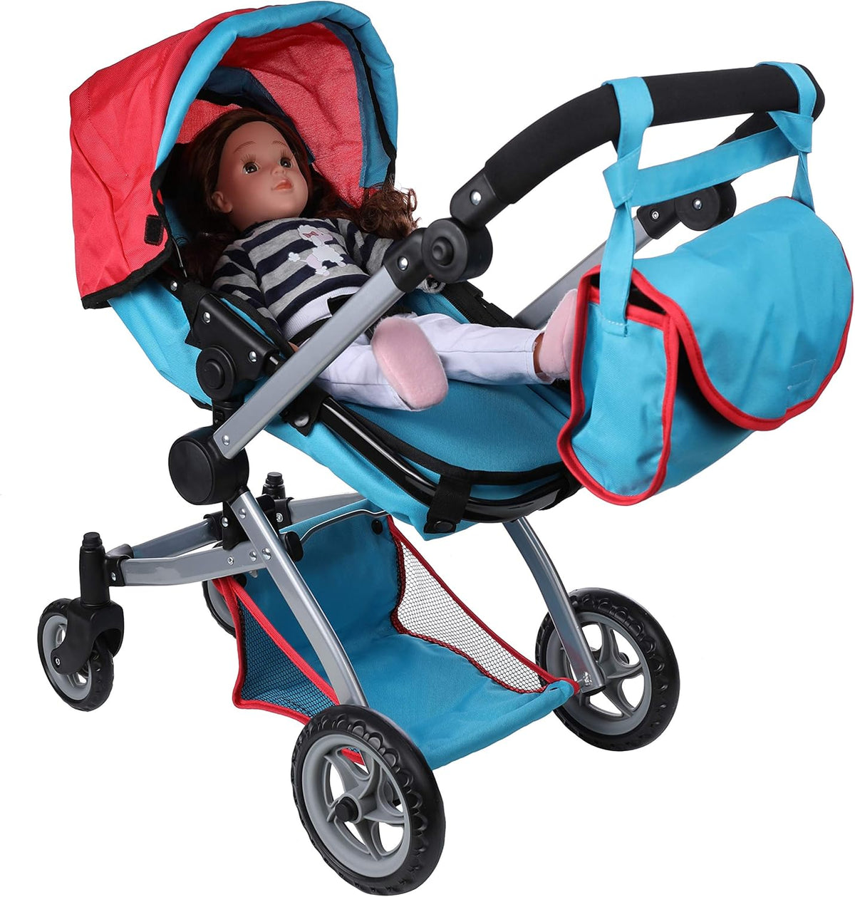 Red and Blue Deluxe Doll Pram with Swiveling Wheels and Adjustable Handle J426