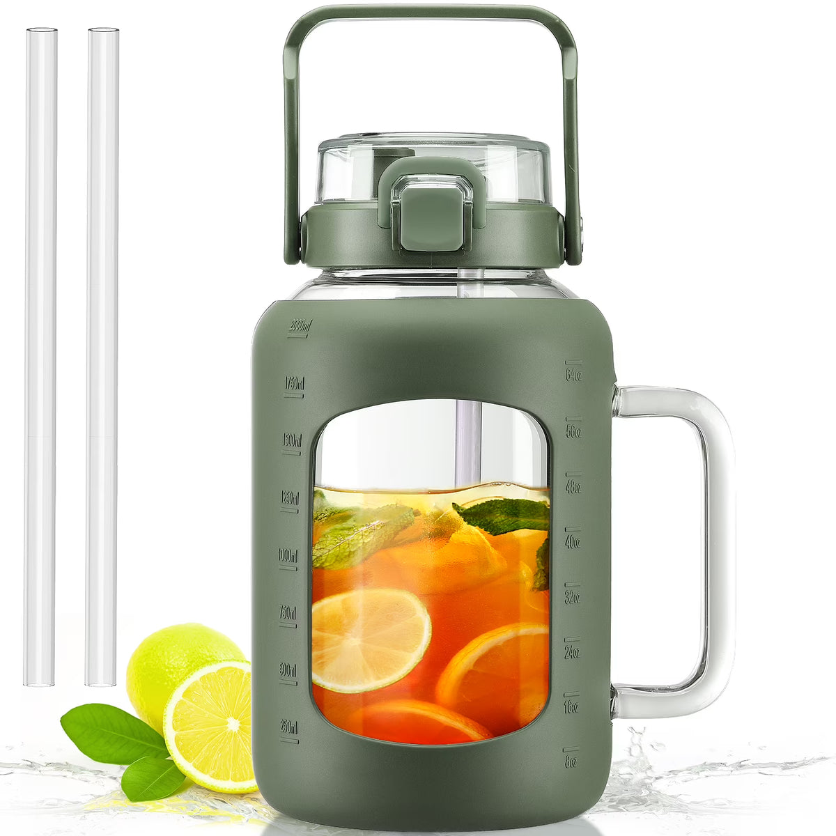 64oz Glass Water Bottle with Straw and Handle F97184