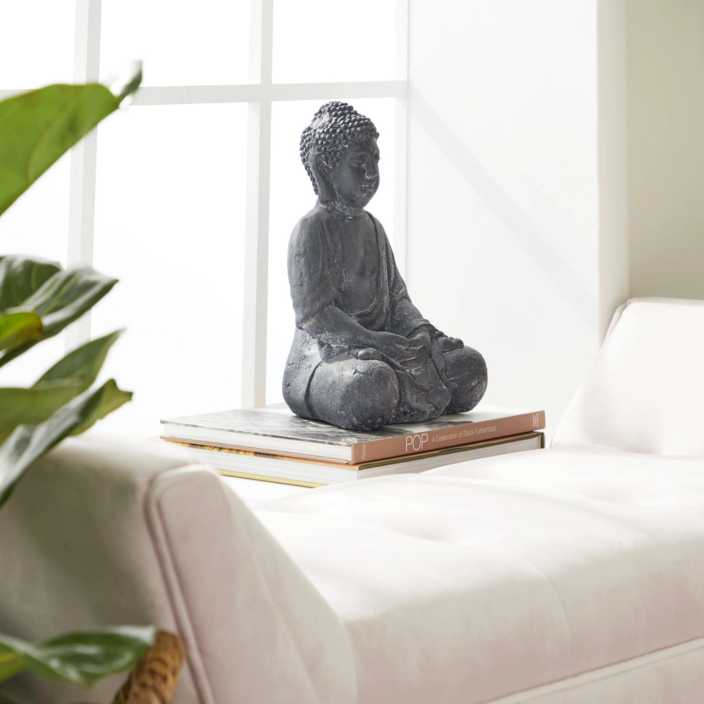 8" x 12" Gray Ceramic Meditating Buddha Sculpture E43844