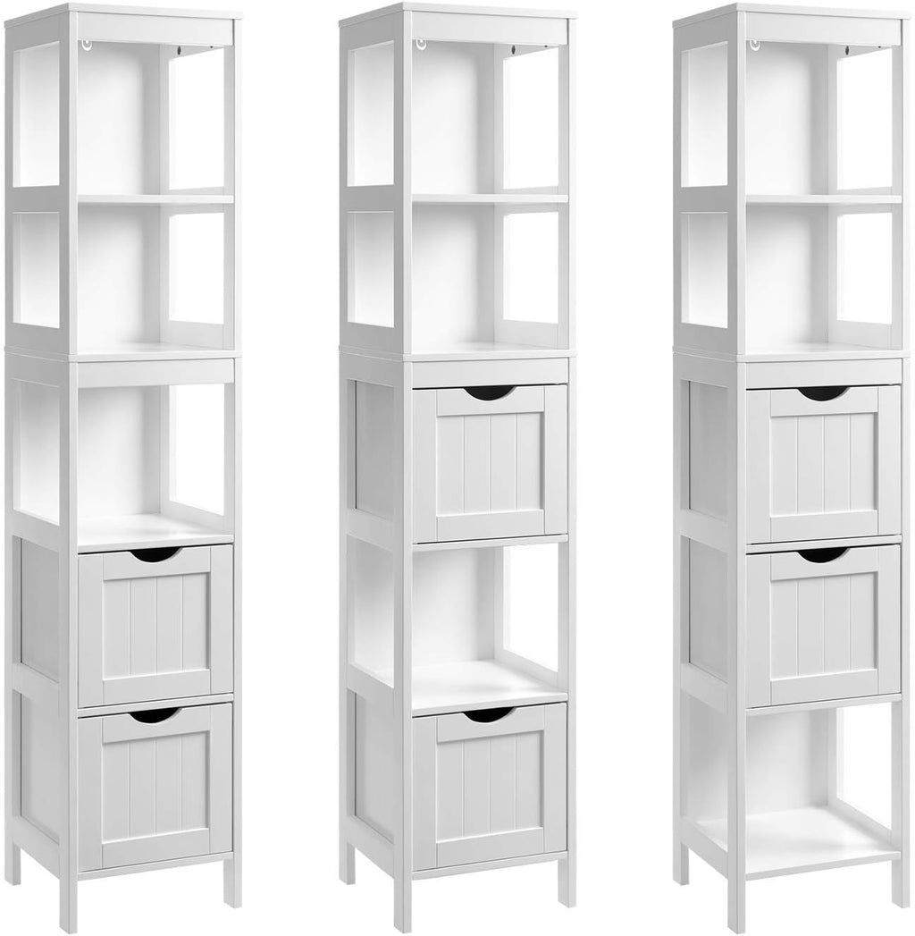 White Tall Cabinet with 2 Drawers and 3 Open Shelves P635922