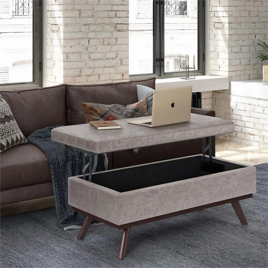 Distressed Grey Faux Leather Lift Top Storage Ottoman S711