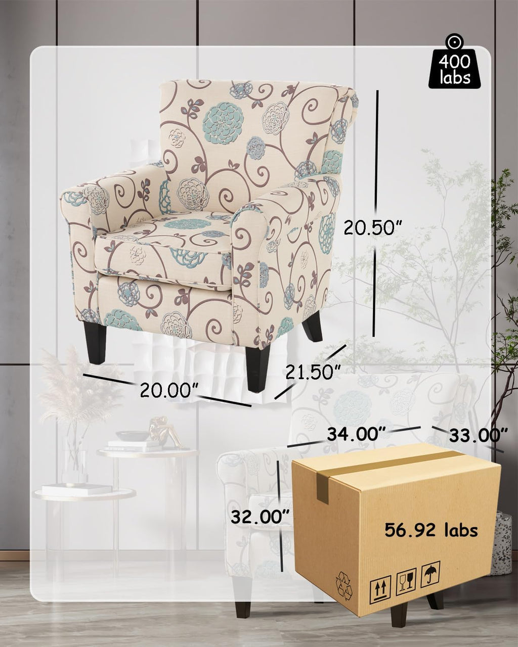 White/Blue Crushed Floral Fabric Sofa with Wooden Metal Legs J420405