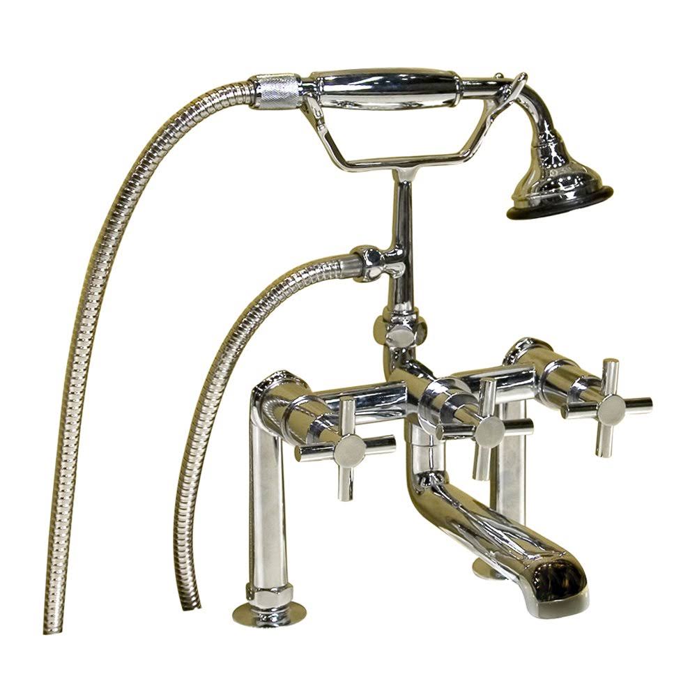 Deck Mount Tub Faucet with Cross Handles Hand Shower, Brushed Nickel Z800409