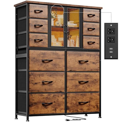 Black 12 Fabric Drawer Tall Dresser with Charging Station C164396