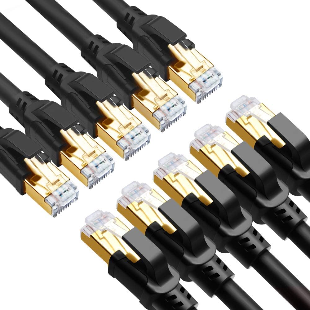 CAT8 Ethernet Cable 15ft 10 Pack Black SFTP 26AWG Gold Plated RJ45 Connector F524