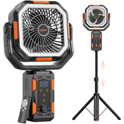 20000mAh Rechargeable Battery Powered Standing Fan with LED Lanterns T64441