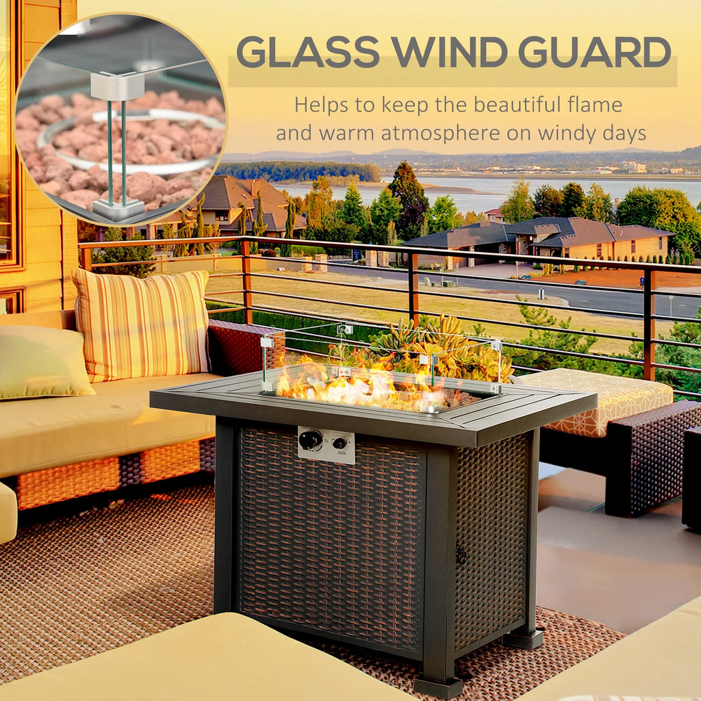 34 Inch Outdoor Propane Gas Fire Pit Table with Glass Wind Guard, Lid, Lava Rocks, Steel Base Z323570