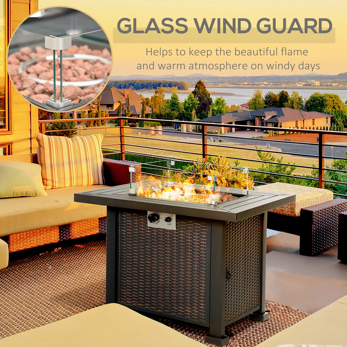 34 Inch Outdoor Propane Gas Fire Pit Table with Glass Wind Guard, Lid, Lava Rocks, Steel Base Z323570