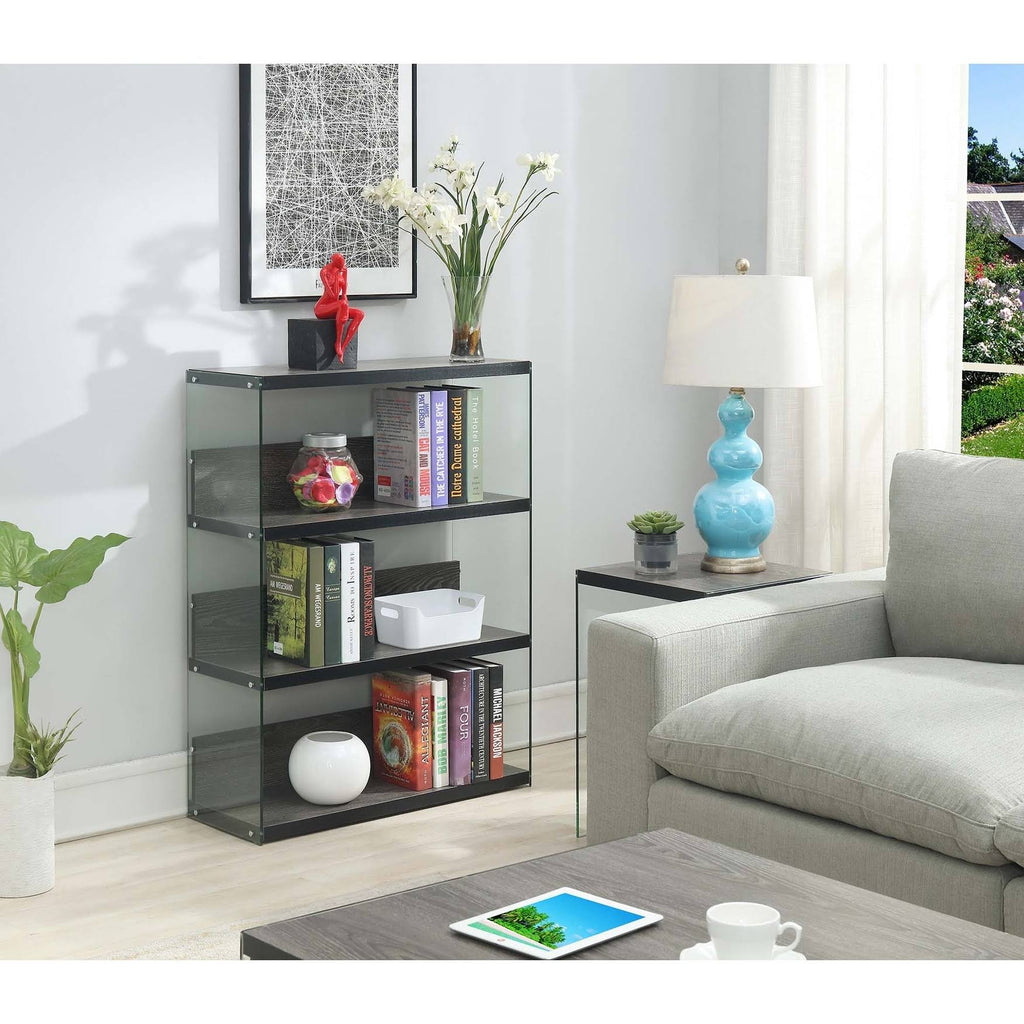 Weathered Grey 4-Tier Glass Wood Bookcase V16544