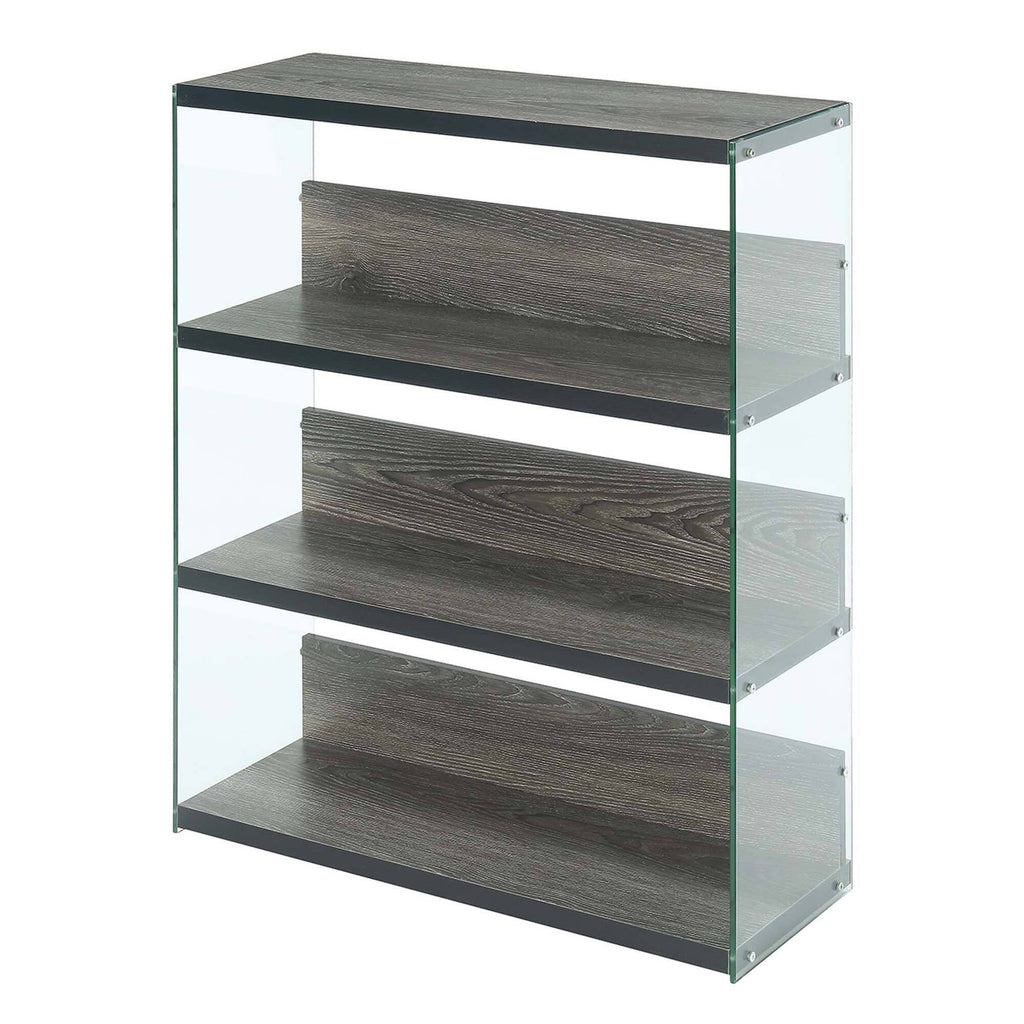 Weathered Grey 4-Tier Glass Wood Bookcase V16544